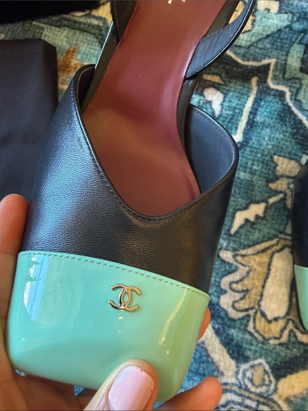 Chanel 26S Blazy Black Minty Green Square Cap Toe Sling Slingback Heel 37.5